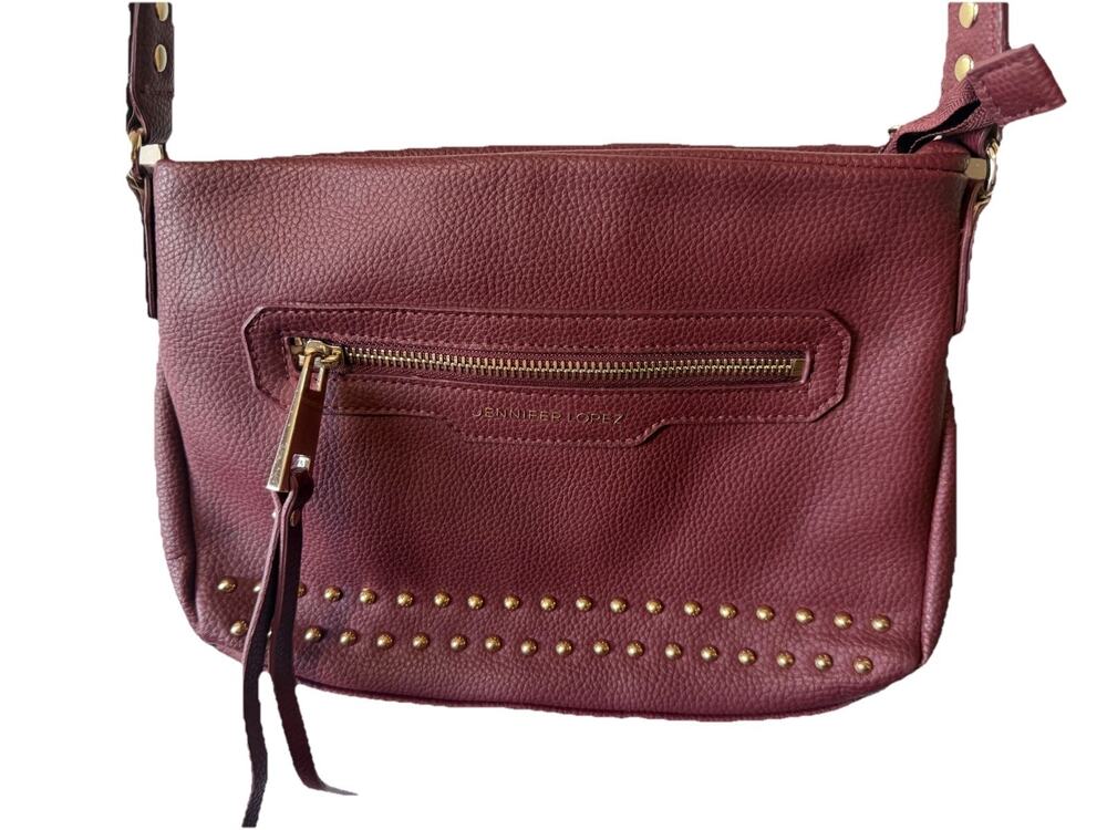 Jennifer Lopez Burgundy Studded Pebbled Crossbody Shoulder Bag Purse Women
